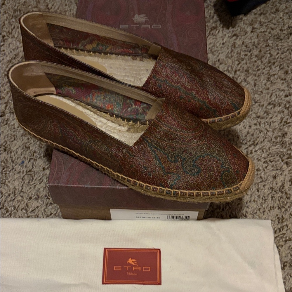 Etro Brown Multicolor Paisley Espadrille Slip On size 40 made in Spain